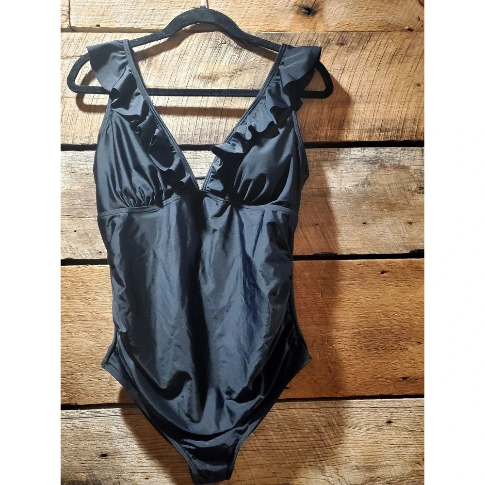 Summer Mae Black Ruffle V-Neck Maternity One-Piece Swimsuit, Size Large